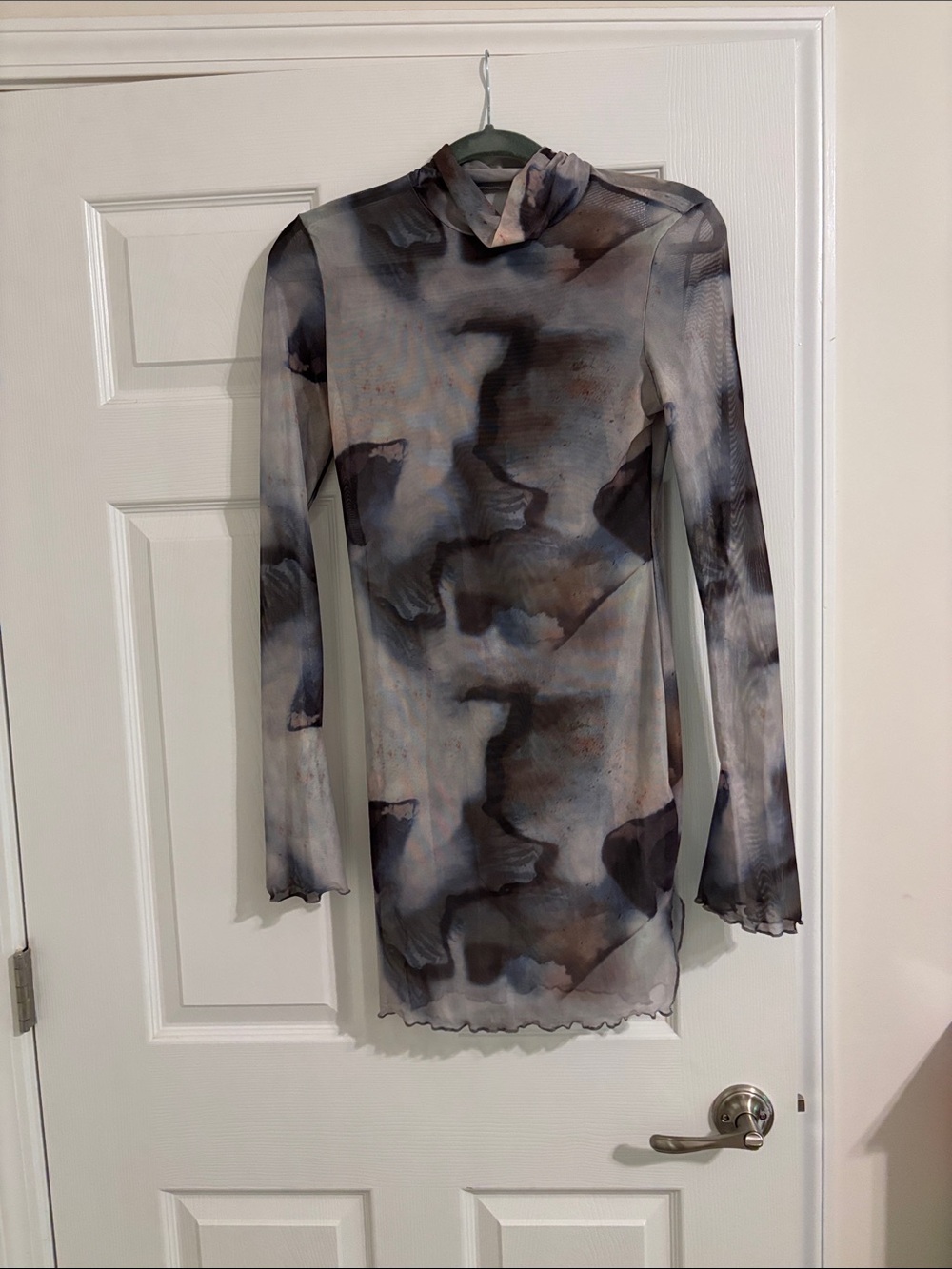 Sheer Long-Sleeve Mock Neck Dress in Gray Blue Print